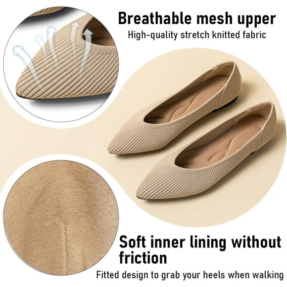 Women's Pointed Toe Knit Ballet Fashionable and Comfortable Dressy Flat Cream - Picture 2 of 6